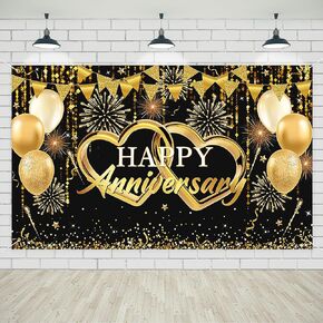 Avezano Happy Anniversary Banner Black and Gold Happy Anniversary Decorations for Valentine's Day Wedding Party Photo Booth Backdrop Supplies 6 x 3.6 ft
