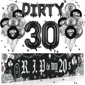 Dirty 30th Birthday Party Decorations for Her Him Death to My 20s Rip to My 20s Banner Balloons Birthday Decorations Black 30th Birthday Balloons Decorations for Women Men Dirty 30 Birthday Supplies