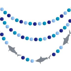 3 Pieces Shark Pompom Ball Garlands Ocean Theme Banner Shark Garlands Decoration Blue Felt Ball Shark Hanging Garlands for Birthday Wedding Ocean Beach Sea Themed Party Decoration Supplies