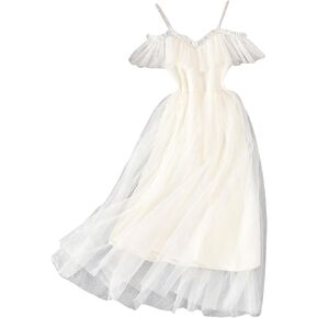 SHENHE Girl's Tulle Mesh Cold Shoulder A Line Puffy Ruffle Midi Dress Summer Party Dress