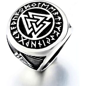 Tripple Valknut Ring with Rune Circle Symbol 316L Stainless Steel Norse Scandinavian Viking Jewelry