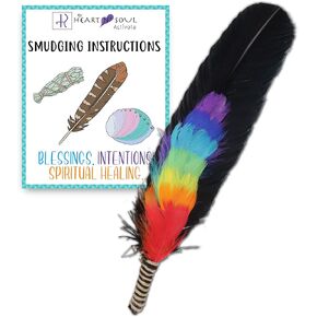 Premium Chakra Smudge Feather, Turkey and Peacock, Unique Homecrafted Energy Cleansing Clearing Spiritual Practice House Smudging - Detailed Instructions for Beginners - Rainbow