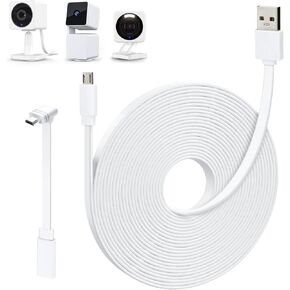 25FT Power Extension Cable Compatible with WYZE Cam OG, WYZE Cam V4/V3/V3 Pro, WYZE Cam Pan V3/V2, L-Shape Micro USB Extension Cable for WYZE Cam Pan, Weatherproof Flat Power Cord-White