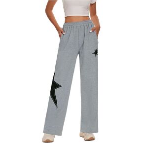 سروال نسائي Star Pants Y2K فضفاض برباط للركض مرقع واسع الساق مع جيوب