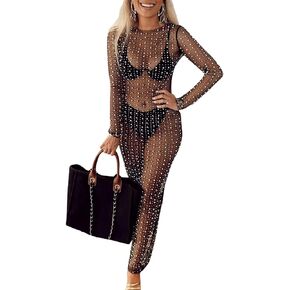 Women's Sexy Sheer Mesh Pearl Rhinestone Cover Up Maxi Dress Summer Beach Swimwear Bikini Bathing Suit Coverups
