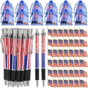 600 Pcs 4th of July Pen American Flag Lapel Pins Gift Bulk 4th of July Party Supplies Patriotic Pens for Independence Day Organza Gift Bag Veteran Home School Office Supplies