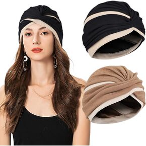 2 Pieces Turbans for Women, Oncological Turbans Oncological Caps for Women, Cancer Headscarves Head Women Sleeping Caps Turban Hair Women for Hair Loss, Black, Brown, One size