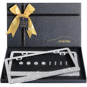 Bling Rhinestone Car License Plate Frame 2 Pack, Glitter White Diamond Stainless Steel License Plate Frames for Women, Sparkly License Plate Frame White