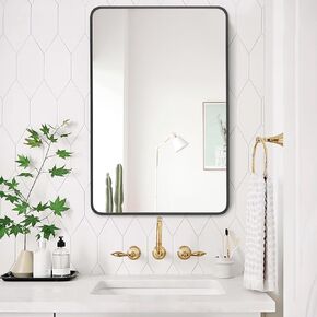 30"x30" Bathroom Wall Mirror with Matte Black Metal Frame & HD Glass, Copper-Free Mirrors Modern Rectangle Round Corner Framed Vanity Mirror - Horizontal or Vertical Installation