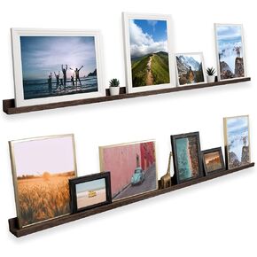 Rustic State Ted 72" Wall Mount Extra Long Narrow Picture Ledge Photo Frame Display - Wooden Floating Shelf for vinyl Records Living Room Office Kitchen Bedroom Bathroom - Burnt Brown - Set of 2