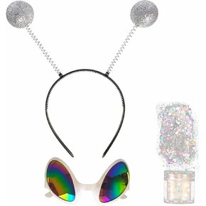Alien Costume Accessories Antenna Headband Rainbow Lens Sunglasses Silver Holographic Glitter Halloween Cosplay Party Supply