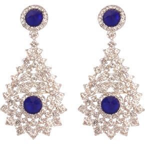 Touchstone Indian Bollywood clear Rhinestone/faux blue sapphire designer jewelry earrings for women in silver tone