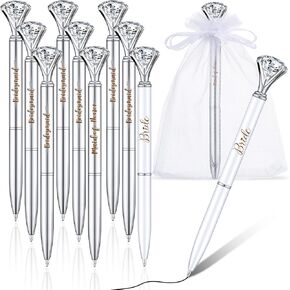 10 Pcs Bridal Shower Pens Bridesmaid Pens Diamond Pens with 10 Sheer Organza Bags Crystal Metal Ballpoint Pens Bling Pens for Wedding Party Favors (Gold, White, Elegant)