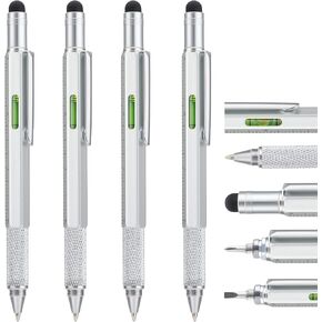 4 Pack Multitool Pen with Extra Refills Set, 6 in 1 Multitool Pen with Ruler & Levelgauge, Multifunctional Metal Ballpoint Pen, Cool Gadget for Men, Gift for Husband Dad Father (Assorted Colors)