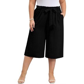 Women's Casual Plus Size Cropped Wide-Leg Pants with Pockets High Waisted Adjustable Tie Knot Capri Palazzo Trousers