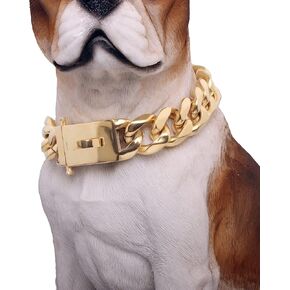 BAOBOTE Gold Chain Dog Collar with Secure Snap Buckle,19MM Cuban Link Dog Collar,Chew Proof Heavy Duty Pitbull Collar for Medium and Large Dogs(20" Gold)