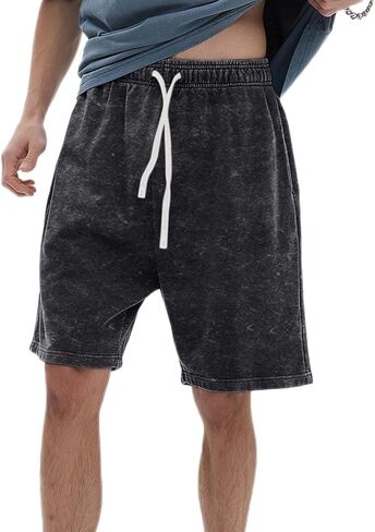 Mens Athletic Vintage Cotton Shorts Drawstring Summer Beach Elastic Waist Streetwear Baggy Gym Shorts with Pockets in Saudi Arabia