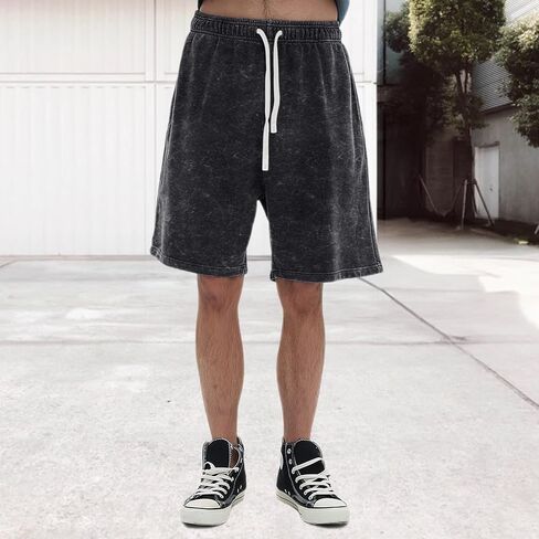 Mens Athletic Vintage Cotton Shorts Drawstring Summer Beach Elastic Waist Streetwear Baggy Gym Shorts with Pockets in Saudi Arabia
