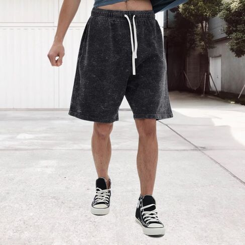 Mens Athletic Vintage Cotton Shorts Drawstring Summer Beach Elastic Waist Streetwear Baggy Gym Shorts with Pockets in Saudi Arabia
