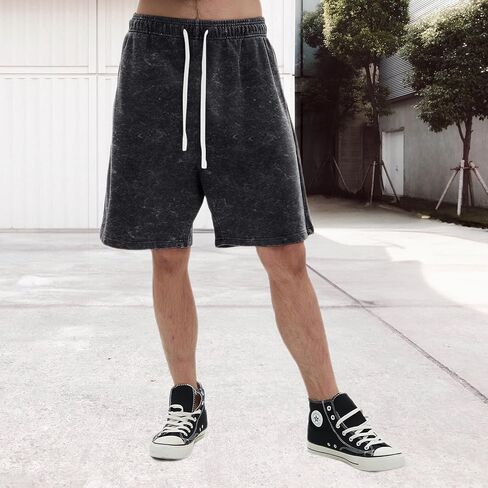 Mens Athletic Vintage Cotton Shorts Drawstring Summer Beach Elastic Waist Streetwear Baggy Gym Shorts with Pockets in Saudi Arabia