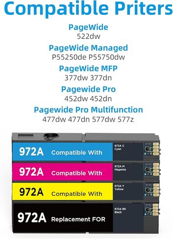 خرطوشة حبر 972A 4 PK بديلة متوافقة مع HP 972 A Combo Pack| ارتفاع العائد | يعمل مع طابعة PageWide MFP 377dw / 377dn / 477dw / 477dn / 577dw / 577z (BCMY) in Kuwait