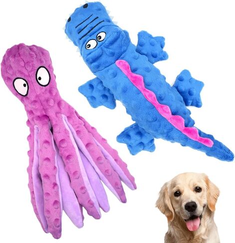 Dog Squeaky Toy Set - Octopus and Crocodile Design, 2-Pack, Durable Plush Toys for Large Dogs, Interactive Play, Sturdy, Soft, and Crinkly, Ideal for Small to Large Dogs (Green & Purple) in Saudi Arabia