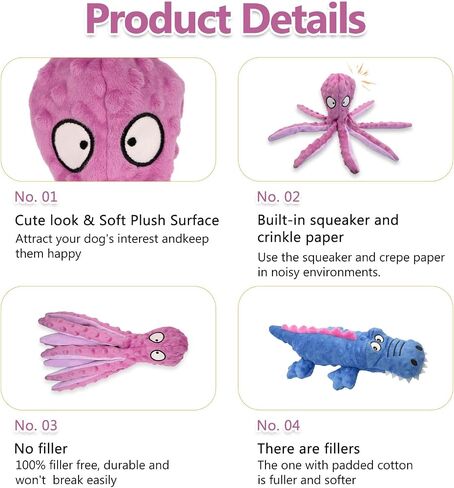 Dog Squeaky Toy Set - Octopus and Crocodile Design, 2-Pack, Durable Plush Toys for Large Dogs, Interactive Play, Sturdy, Soft, and Crinkly, Ideal for Small to Large Dogs (Green & Purple) in Saudi Arabia