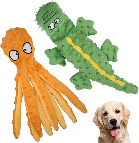 Dog Squeaky Toy Set - Octopus and Crocodile Design, 2-Pack, Durable Plush Toys for Large Dogs, Interactive Play, Sturdy, Soft, and Crinkly, Ideal for Small to Large Dogs (Green & Purple) in Saudi Arabia
