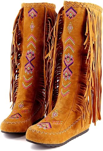 Women's Fringe Western Boots, Suede Embroidered Closure Fringe Mid Calf Knee High Flat Boots Long Snow Tassel Boots in Saudi Arabia