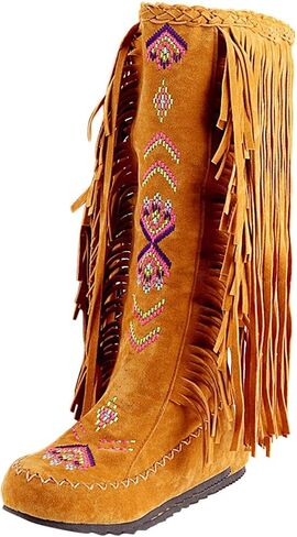 Women's Fringe Western Boots, Suede Embroidered Closure Fringe Mid Calf Knee High Flat Boots Long Snow Tassel Boots in Saudi Arabia