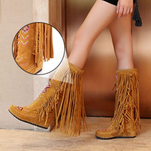 Women's Fringe Western Boots, Suede Embroidered Closure Fringe Mid Calf Knee High Flat Boots Long Snow Tassel Boots in Saudi Arabia