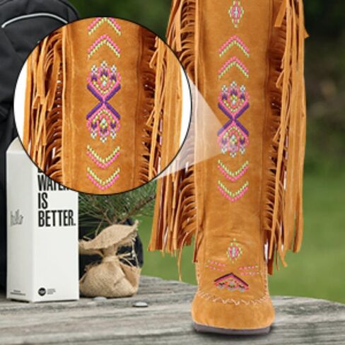 Women's Fringe Western Boots, Suede Embroidered Closure Fringe Mid Calf Knee High Flat Boots Long Snow Tassel Boots in Saudi Arabia