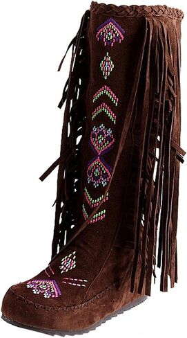 Women's Fringe Western Boots, Suede Embroidered Closure Fringe Mid Calf Knee High Flat Boots Long Snow Tassel Boots in Saudi Arabia