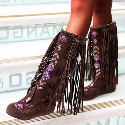 Women's Fringe Western Boots, Suede Embroidered Closure Fringe Mid Calf Knee High Flat Boots Long Snow Tassel Boots in Saudi Arabia