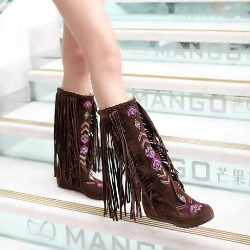 Women's Fringe Western Boots, Suede Embroidered Closure Fringe Mid Calf Knee High Flat Boots Long Snow Tassel Boots in Saudi Arabia