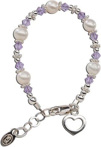 Precious Pieces Girls Sterling Silver Cultured Pearl Bracelet with Lavender High-End Crystals and Heart Charm in Saudi Arabia