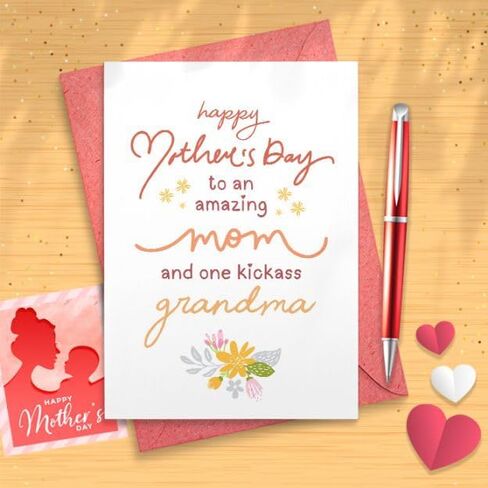 Grandma Mother's Day Card, Happy Mother's Day Card from Daughter Son, Amazing Mom and Kick-ass Grandma Card [01654] in Saudi Arabia