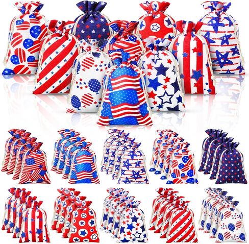 50 Pcs 4 x 6 Inch Independence Day Candy Bags with Drawstring USA Flag Goody Bags Reusable Independence Day Baggies for Kids Fourth of July Drawstring Bags for Birthday Party Favor, 10 Styles in Saudi Arabia