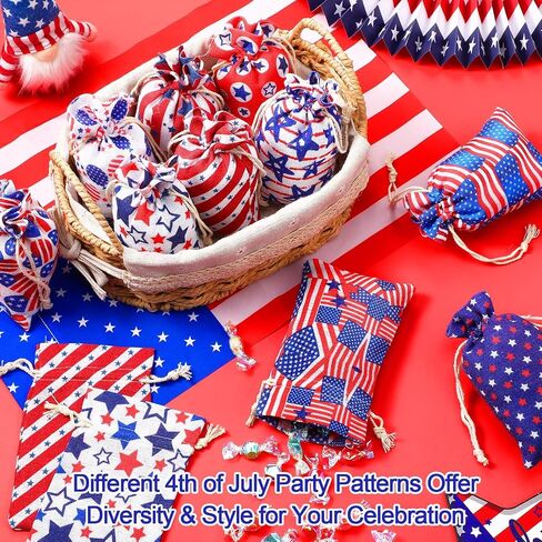 50 Pcs 4 x 6 Inch Independence Day Candy Bags with Drawstring USA Flag Goody Bags Reusable Independence Day Baggies for Kids Fourth of July Drawstring Bags for Birthday Party Favor, 10 Styles in Saudi Arabia