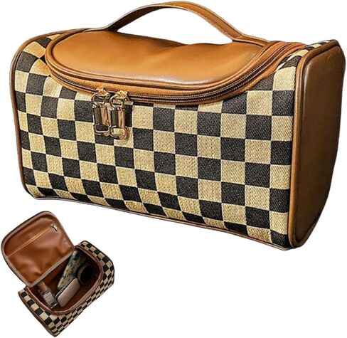 Large Capacity Checkboard Plaid Cosmetic Bag for Women Travel Makeup Organizer Waterproof Toiletry Bag (Brown) in Saudi Arabia