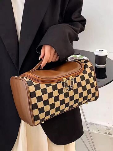 Large Capacity Checkboard Plaid Cosmetic Bag for Women Travel Makeup Organizer Waterproof Toiletry Bag (Brown) in Saudi Arabia