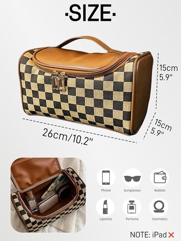 Large Capacity Checkboard Plaid Cosmetic Bag for Women Travel Makeup Organizer Waterproof Toiletry Bag (Brown) in Saudi Arabia