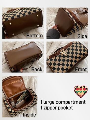 Large Capacity Checkboard Plaid Cosmetic Bag for Women Travel Makeup Organizer Waterproof Toiletry Bag (Brown) in Saudi Arabia