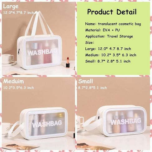 3pcs Portable PVC Waterproof Travel Translucent Cosmetic Bag, Large Capacity Sturdy Leakproof Organizer, Toiletry Bag for Women Men (White-3PCS) (Fw-77857-GF) in Saudi Arabia