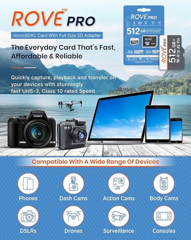 ROVE PRO Micro SD Card microSDXC 128GB Memory Card with Full-Size SD Adapter 100MB/s Read Speed, C10, U3, V30, 4K, A2 for Dash Cam, Android Smart Phones, Tablets, Games in Saudi Arabia