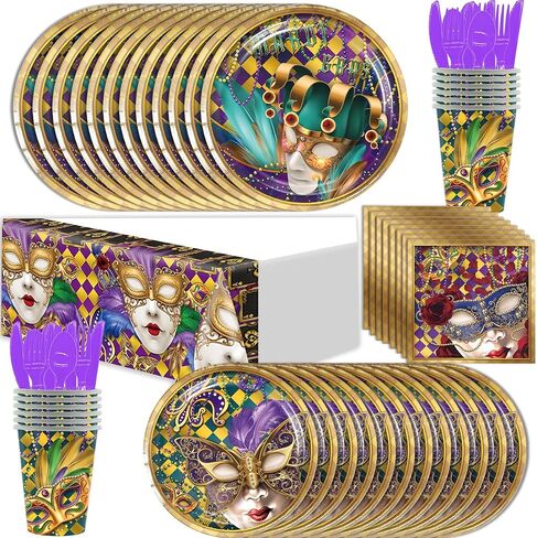 97pcs Mardi Gras Masquerade Dancing Party Supplies Fat Tuesday Carnival Event 12-Person Dispoble Tablewares Set Includes Paper Plates Cups Napkins Cutlery and Tablecloth in Saudi Arabia