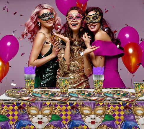 97pcs Mardi Gras Masquerade Dancing Party Supplies Fat Tuesday Carnival Event 12-Person Dispoble Tablewares Set Includes Paper Plates Cups Napkins Cutlery and Tablecloth in Saudi Arabia