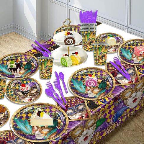 97pcs Mardi Gras Masquerade Dancing Party Supplies Fat Tuesday Carnival Event 12-Person Dispoble Tablewares Set Includes Paper Plates Cups Napkins Cutlery and Tablecloth in Saudi Arabia
