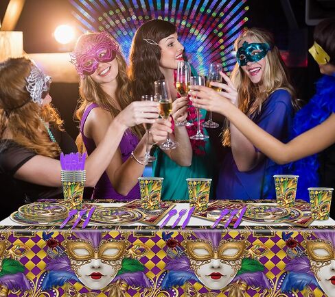 97pcs Mardi Gras Masquerade Dancing Party Supplies Fat Tuesday Carnival Event 12-Person Dispoble Tablewares Set Includes Paper Plates Cups Napkins Cutlery and Tablecloth in Saudi Arabia