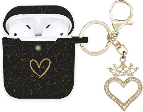 Compatible with AirPods Case Cover, Soft Silicone Case with Gold Heart Pattern for AirPods 2&1 Generation Case with Rhinestone Studded Love Heart Keychain (Black) in Saudi Arabia